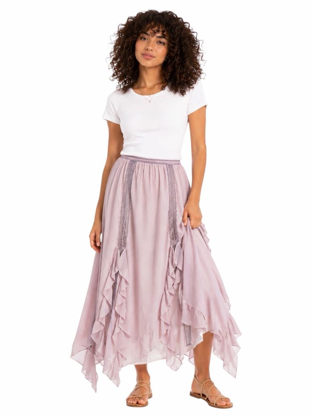 THIRTY THIRTY LA Pink Chiffon Lace Ruffle Maxi Skirt Medium
